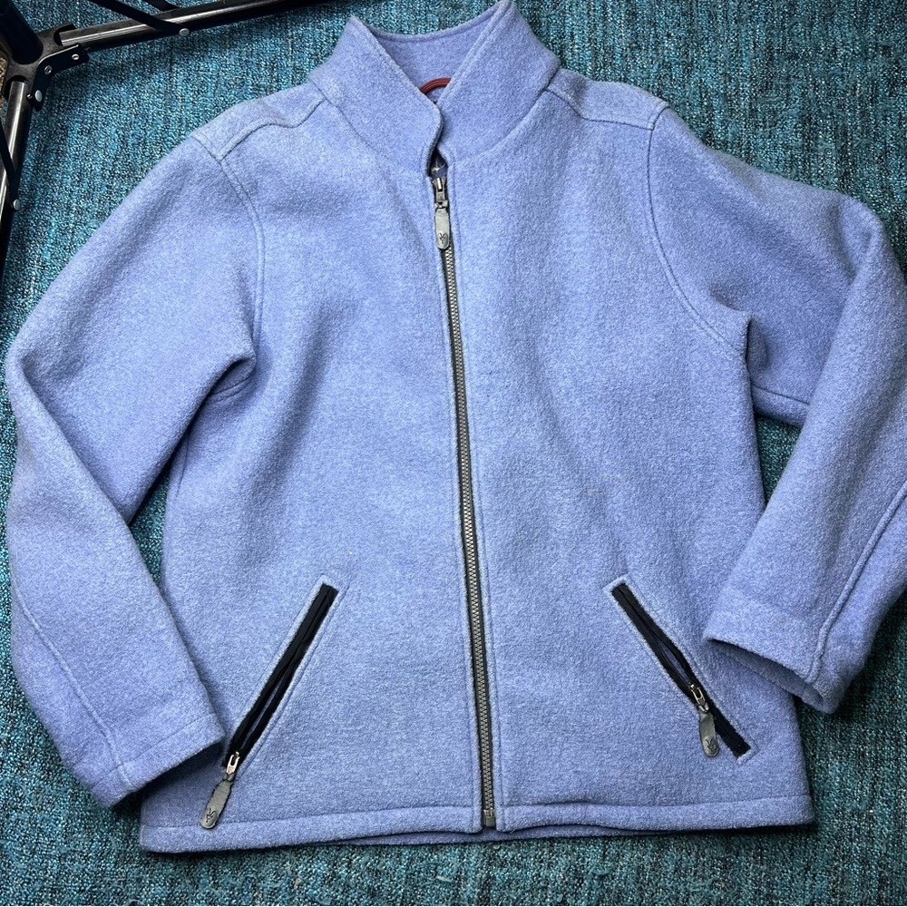 Vintage Ibex 100% New Wool Zip Up Jacket in Periwinkle Blue Made in USA